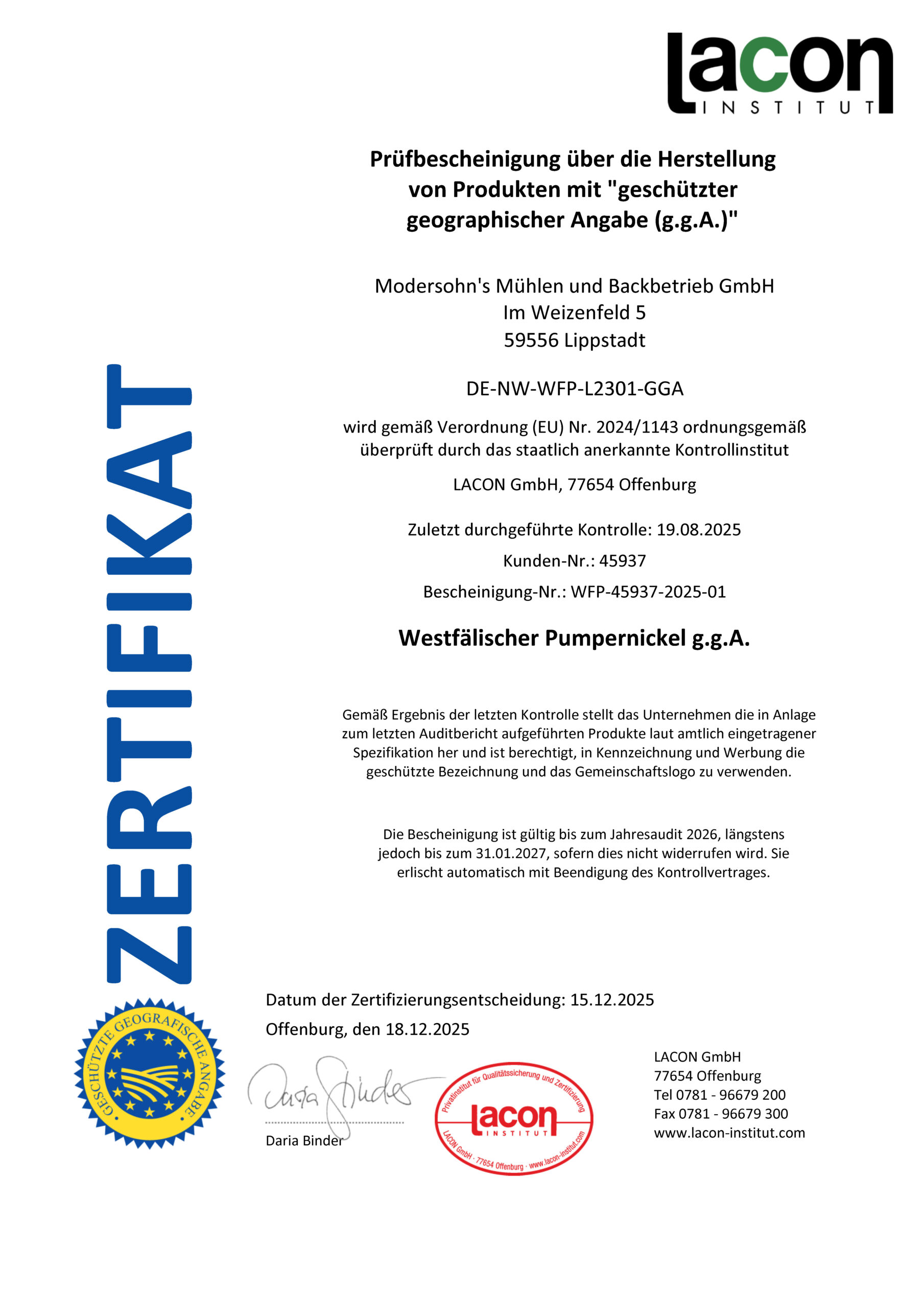 Geo Zertifikat Westf PU Modersohn gültig bis 310127